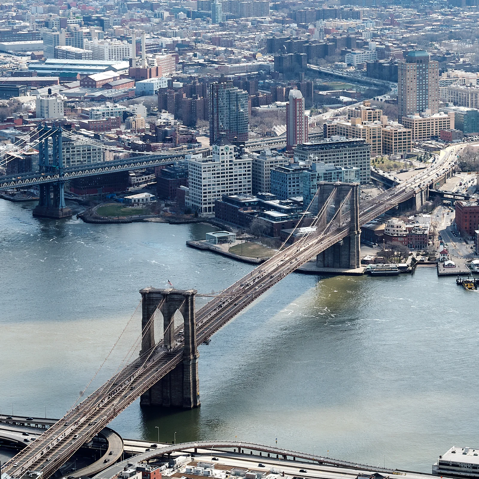 An elevated view of Brooklyn Bridge and the East River, photographed in 2017